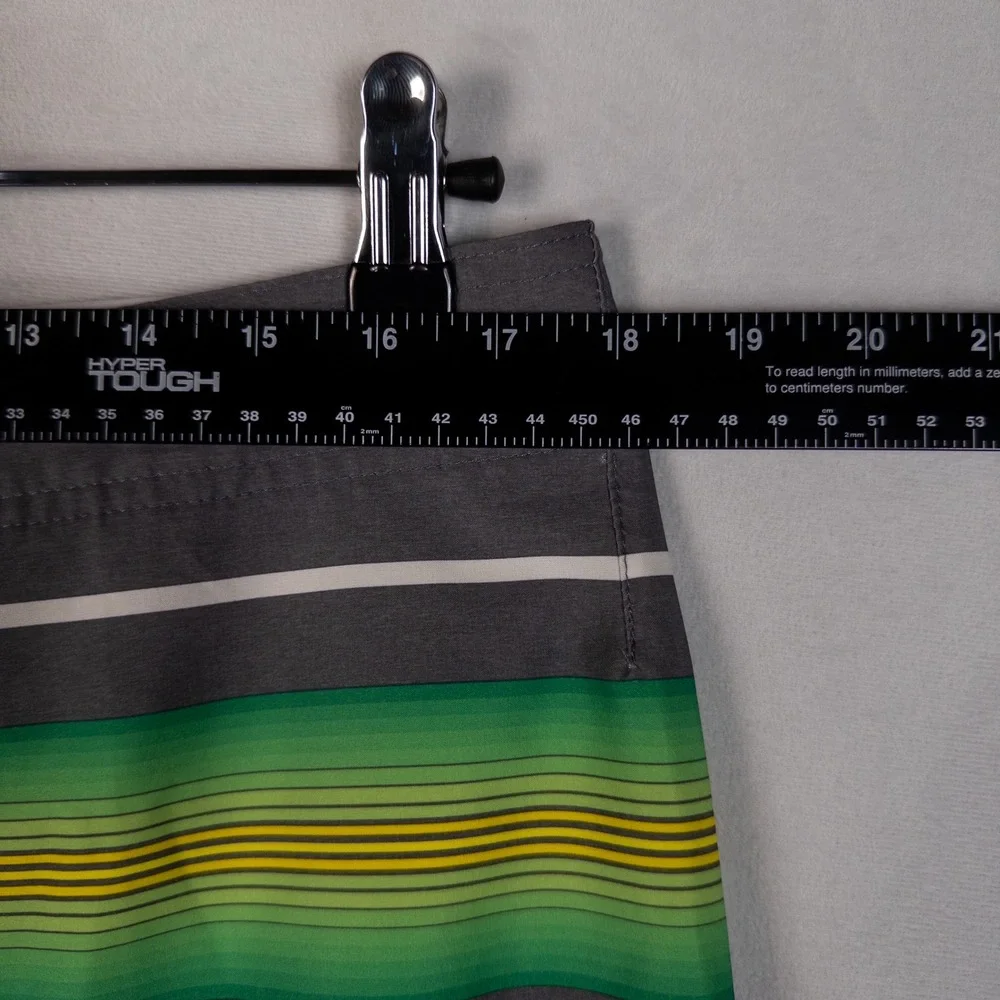 Ron Jon Mens Board Shorts Size 34 Gray Green Striped Surf Swim Trunks Beach *